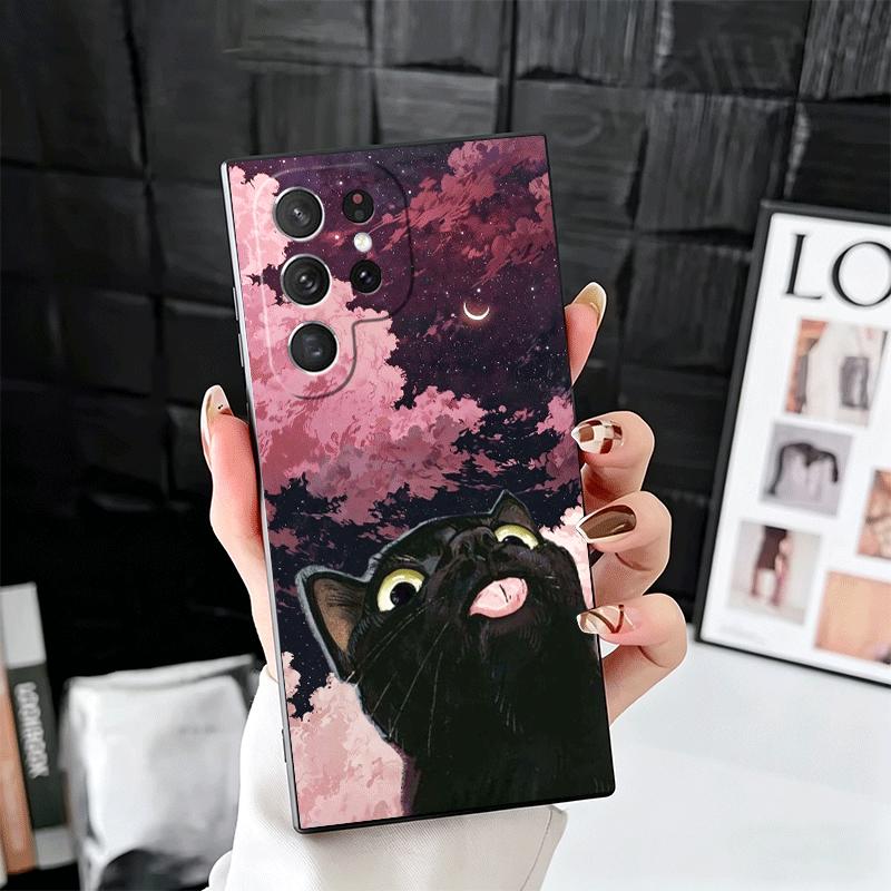 Кот Милый Котёнок Мультяшный Мягкий Чехол для Телефона для Samsung Galaxy S26 S25 Edge S24 Ultra S23 Plus S22 S21 FE S20 Черный Чехол Задняя Панель