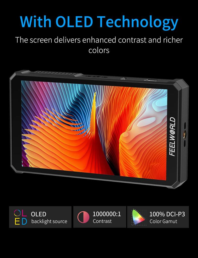 FEELWORLD PS6 5.5" OLED ВертикальныйГоризонтальный Камерный Полевой DSLR Монитор, 550 нит 1080P Сенсорный экран, 4K 60 Гц ВходВыход HDMI, F550 и Кейс, Легкий