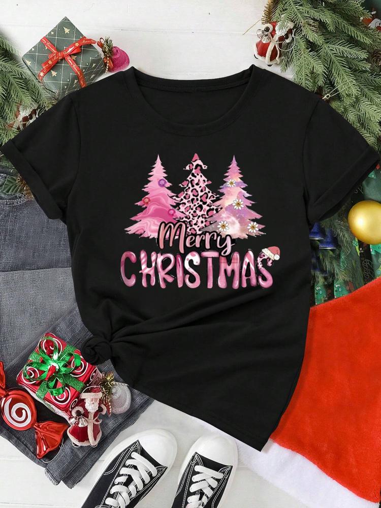 Pink Christmas Tree Women T Shirt Funny Merry Christmas Harajuku Casual O Neck Short Sleeve Female Clothing Tees