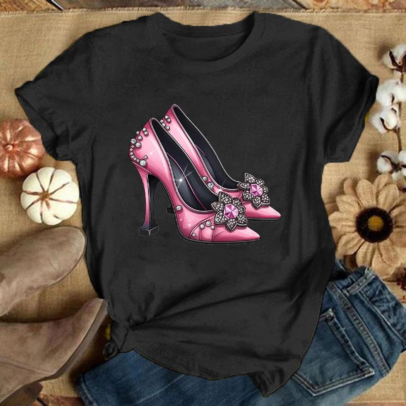 FashionTShirt Pink High Heel Print Designed Summer Tops Tees