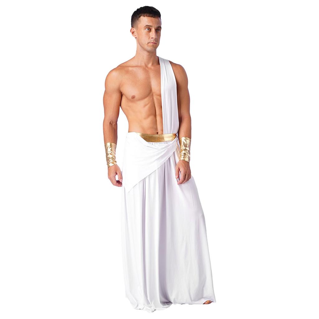 Mens Ancient Greek Cosplay Costume Long Skirt Wristbands One Shoulder Strap Roman Toga Halloween Warrior Gown