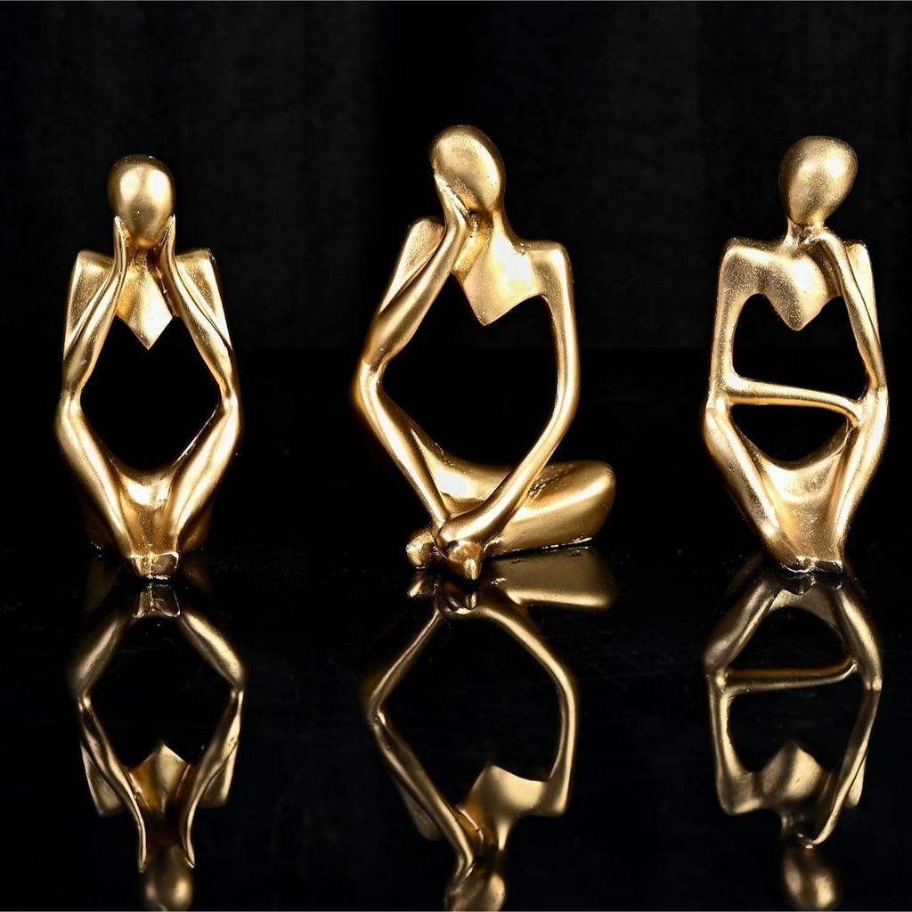 Set of 3 Gold Abstract Thinker Men Statue Set - Modern Art Showpieces for Home Decor, Living Room, Bedroom,Office