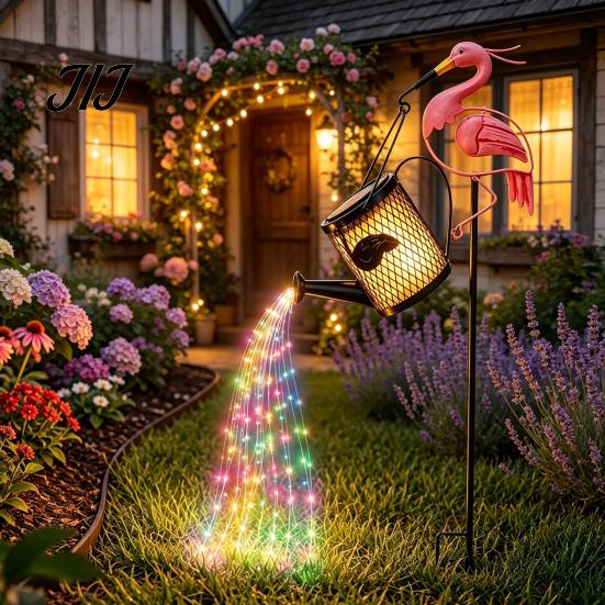 Romantic Garden Art Sculptures Solar Flamingo Watering Can Light, Powered LED Waterproof Warm Yellow Red Pink Night Lights Pathway Light with