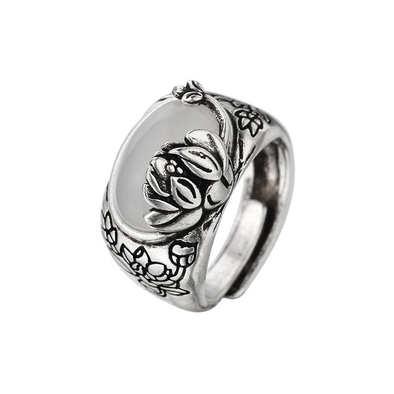 XIYANIKE Ethnic Thai Silver Lotus Stone Cuff Finger Rings For Women Girl Vintage Fashion New Jewelry Gift Party anillos mujer