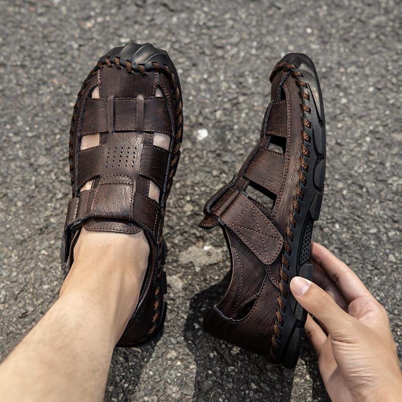 Plus Size Hand Stitching Men Genuine Leather Hollow Out Beach Sandals