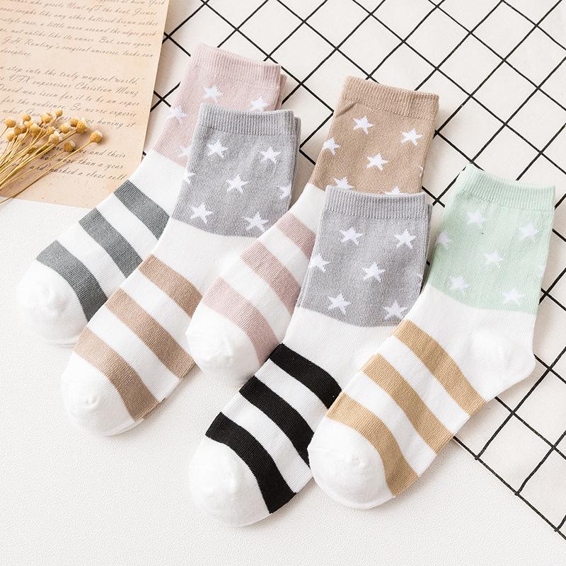 5Pairs Women Cotton Socks Cute Print Princess Two-dimensional Fashion Socks Striped Plaid Ladies Spring Summer Socks