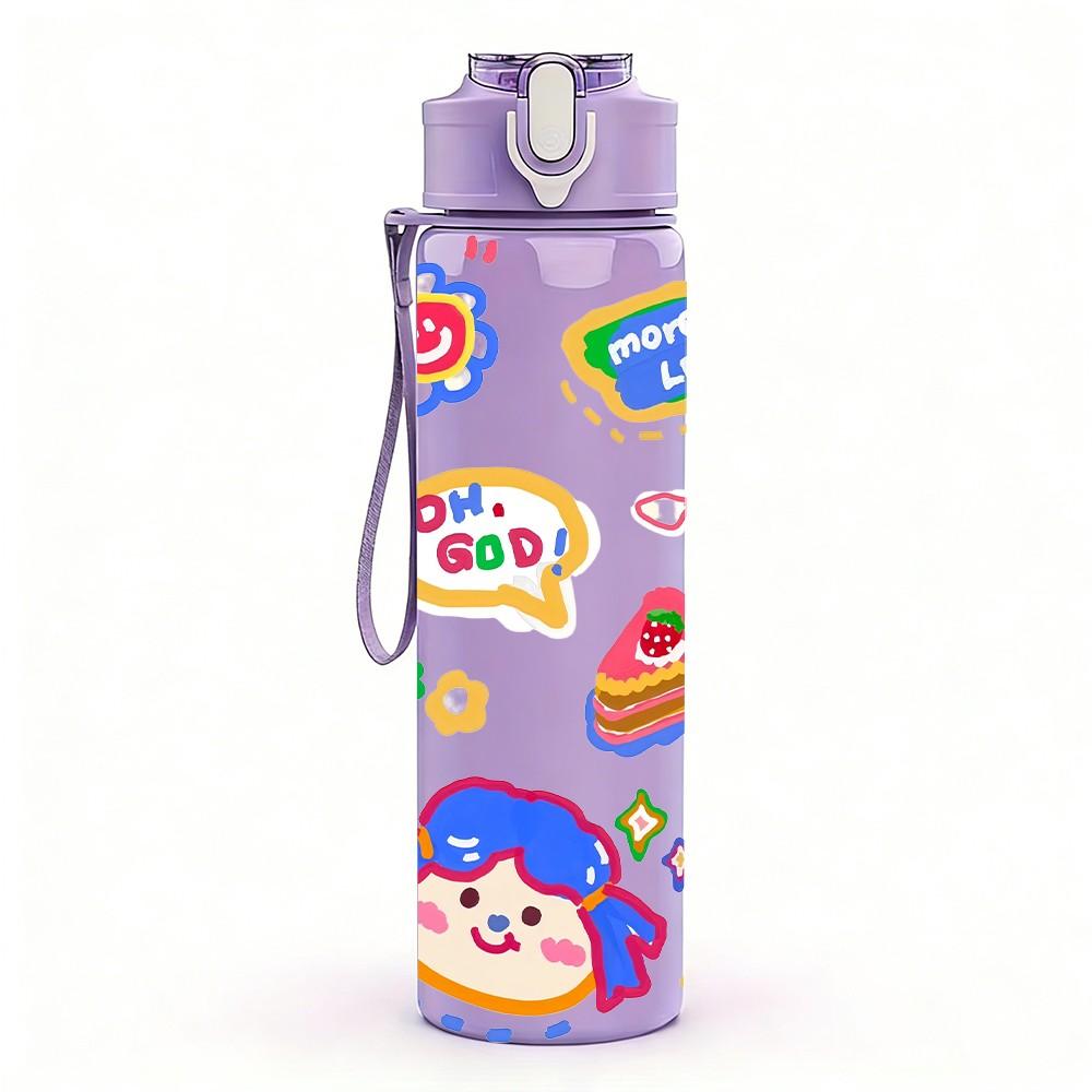 1PC Colorful Kids Cartoon Print 750ml Color Plastic Sports Water Bottle Leakproof Flip Straw Lid Suitable for Sports Office Home Use