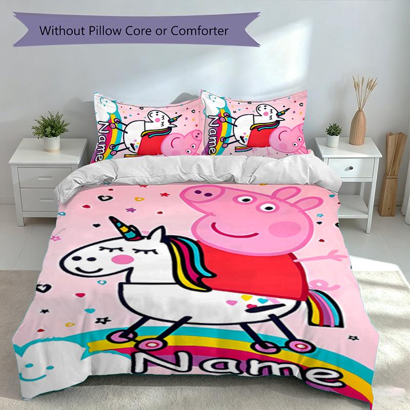 3pcs Custom Name Peppa Pig Bedding Set,Includes 1 Duvet Cover and 2 Pillowcases,All-season Bedroom Decor