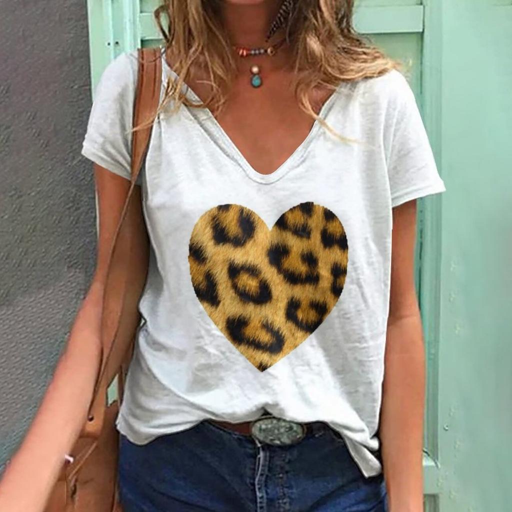 New Women's T-shirt Love Leopard Short Sleeve 3d V-neck Fashion Female Clothing Streetwear Casual Tops Harajuku Summer T Shirt