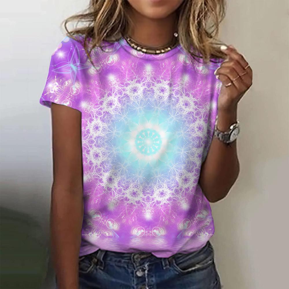 2025 Летняя женская красочная летняя футболка с круглым вырезом и 3D-цветочным принтом, рубашка с коротким рукавом, большие размеры, модная женская одежда 2000 года