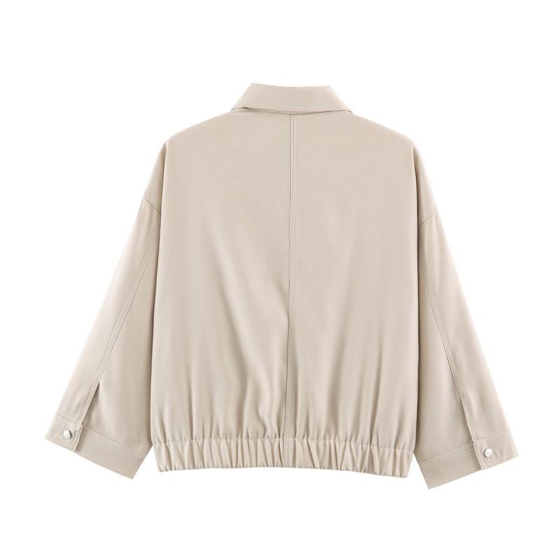 ZA Womens Fashion Zip Jacket 2026 Fall Solid Color Casual Pocket Loose Fit Polo Neck Long Sleeve Outerwear