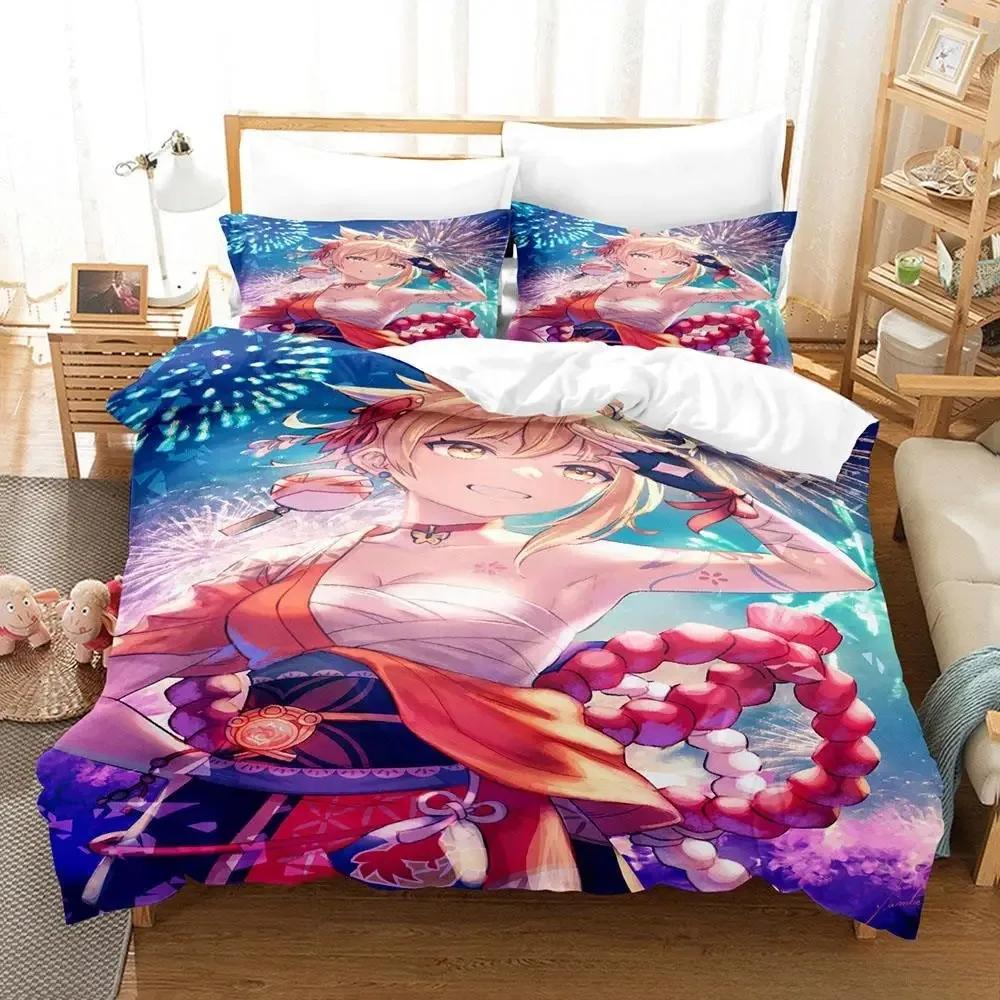 Новое Аниме Genshin Impact Ёимия Постельное Белье Кинг Пододеяльник Наволочка Покрывало Чехол для Одеяла Постельные Принадлежности Постельное Белье Домашний Текстиль