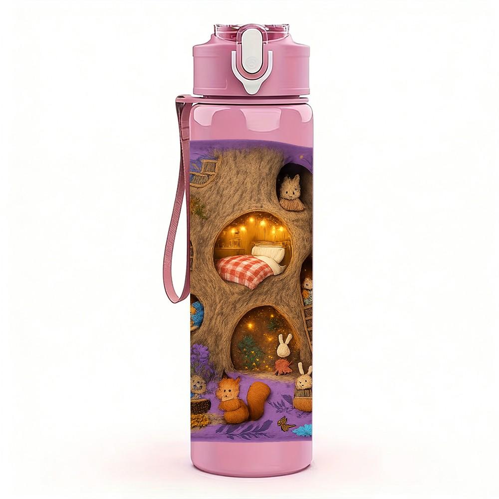 1PC Fairy Girl Mushroom House Art Print 750ml Color Plastic Sports Water Bottle Leakproof Flip Straw Lid Suitable for Sports Office Home Use