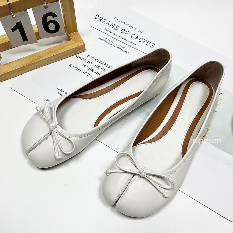 IPPEUM Ballet Flats Women Split Toe Shoes Plus Size 44 Black Leather Mary Janes Butterfly Knot Ballerinas Zapatos Mujer