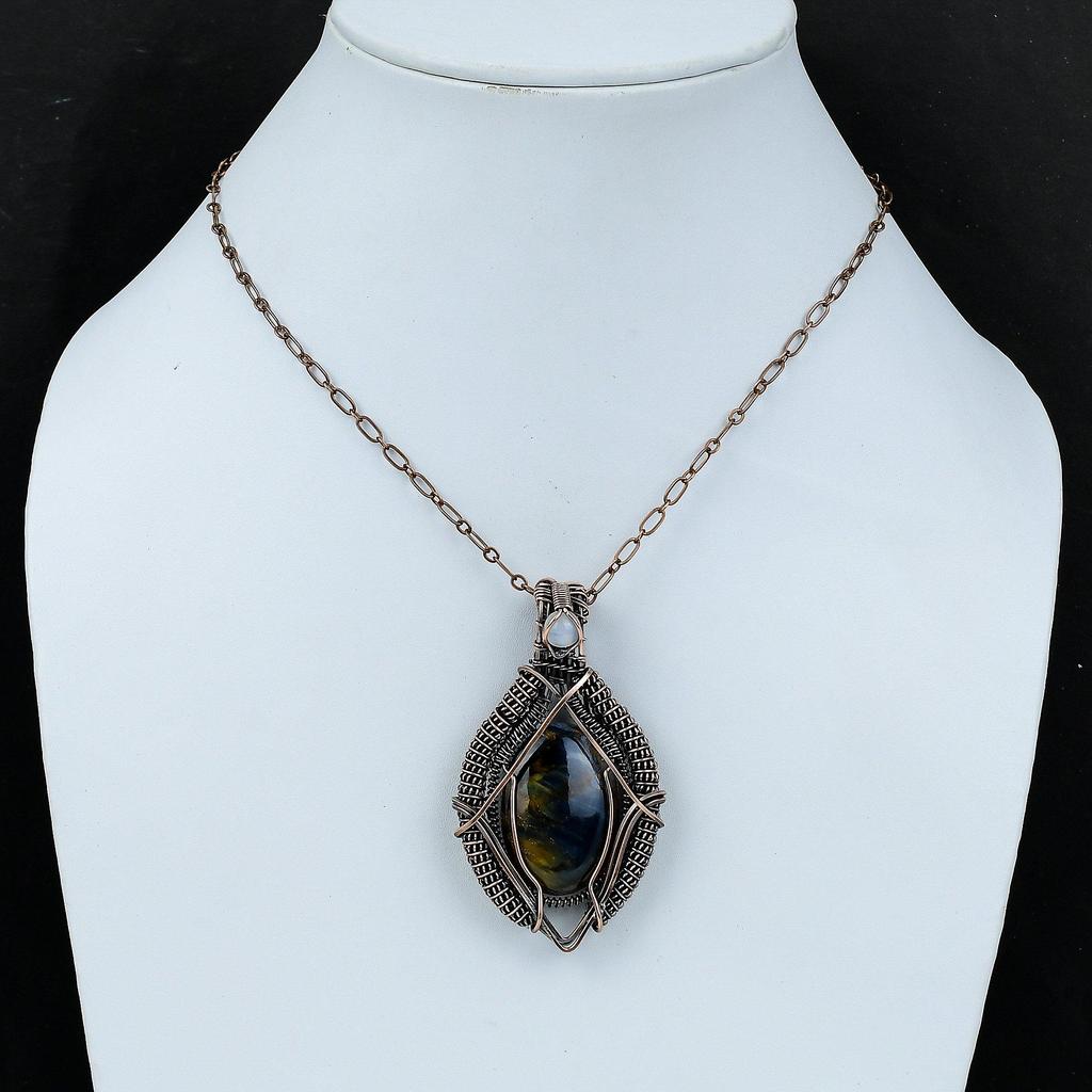 Подвеска из питерсита, обернутая медной проволокой, подвеска из радужного лунного камня, драгоценный камень, подвеска ручной работы, медные украшения, подарок для мамы, украшения из питерсита