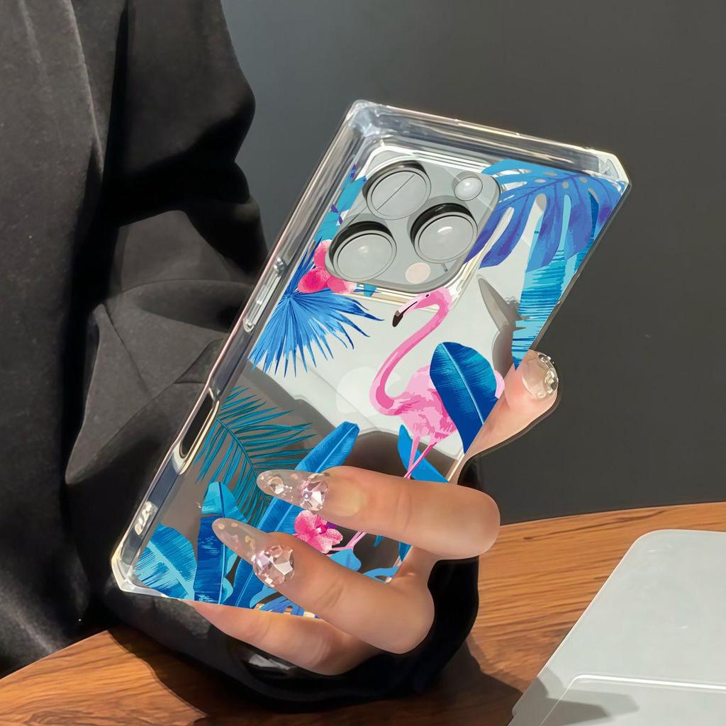 Clear Square Back Tube Case Protection For iPhone 11 15 Plus 14 Pro Max 13 16 ProMax 12 Anti-Oxygen,Blue Leaf Flamingo Pattern Casing