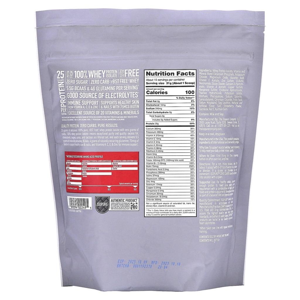 Isopure Zero Carb Protein Powder, Strawberries & Cream, 1 Lb (454 G)