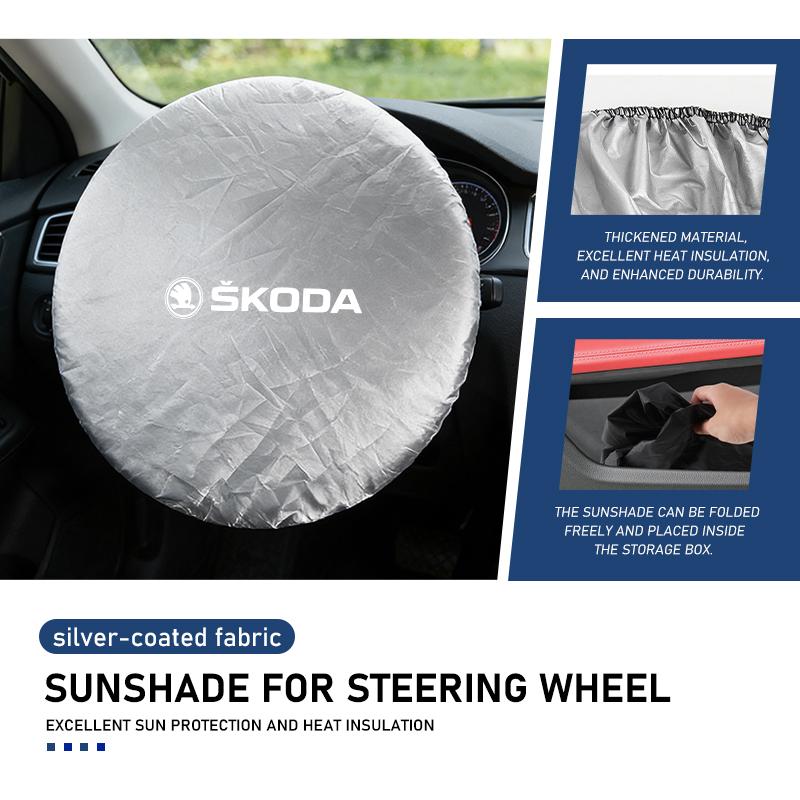 For Skoda Summer Car Steering Wheel Anti-Heat Sun Shade Cover VRS Superb Yeti Octavia Enyaq Rapid Karoq Derivati JC6