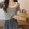 French Style Black & White Striped U-Neck Short-Sleeve Women's Summer T-Shirt