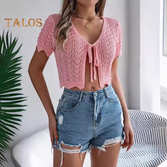 Women Crochet Tops Short Sleeve Lace-up Hollow Design Knitting Tops Sun Protection Summer Vacation Tops