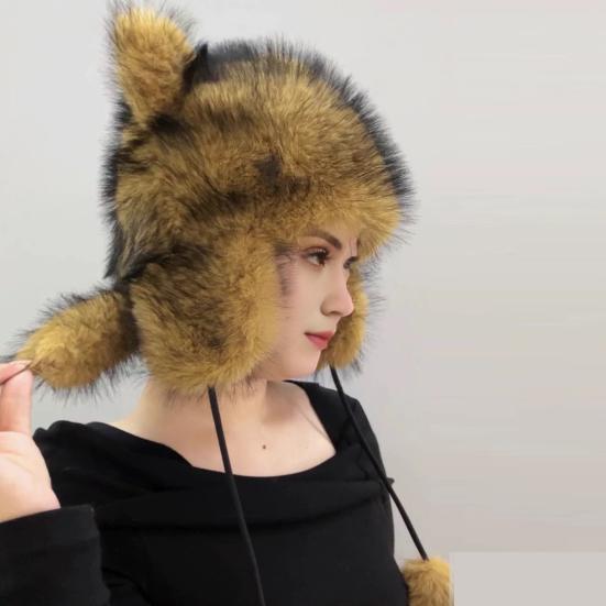 1/2 шт. Женская зимняя шапка с толстым искусственным мехом, украшением в виде ушей и хвоста, мультяшный енот, однотонная, ветрозащитная шапка для защиты ушей для катания на лыжах, сноуборде, походов