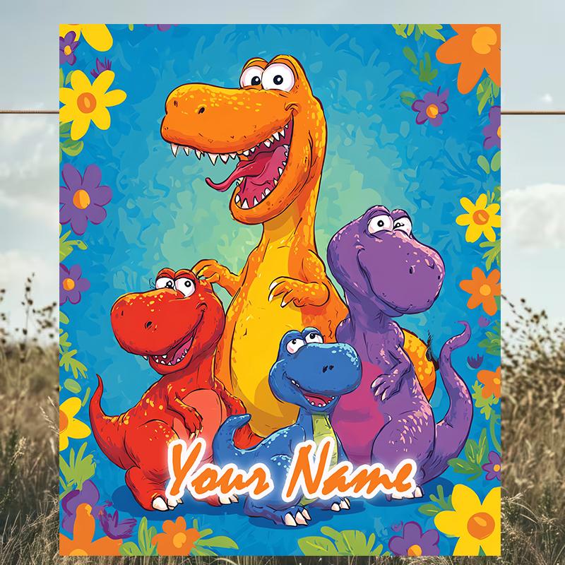 1PC Custom Name Dinosaur Friends Adventure outdooor Flannel blankets Patterns Throw Blanket All-Season Soft Gift for Couch, Bed, Camping gifts