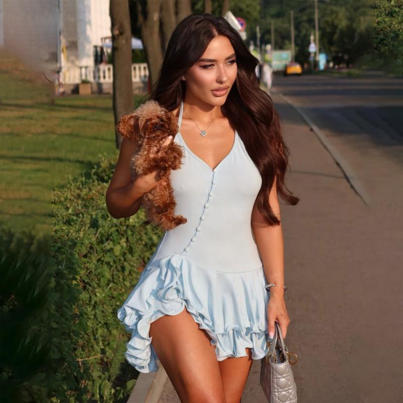 Летнее Модное Мини-платье с Воланами Однобортное Новое С V-образным Вырезом Элегантное Без Рукавов Женское Платье-комбинация А-силуэта Вечернее Платье для Выпускного Открытая Спина Облегающее Платье