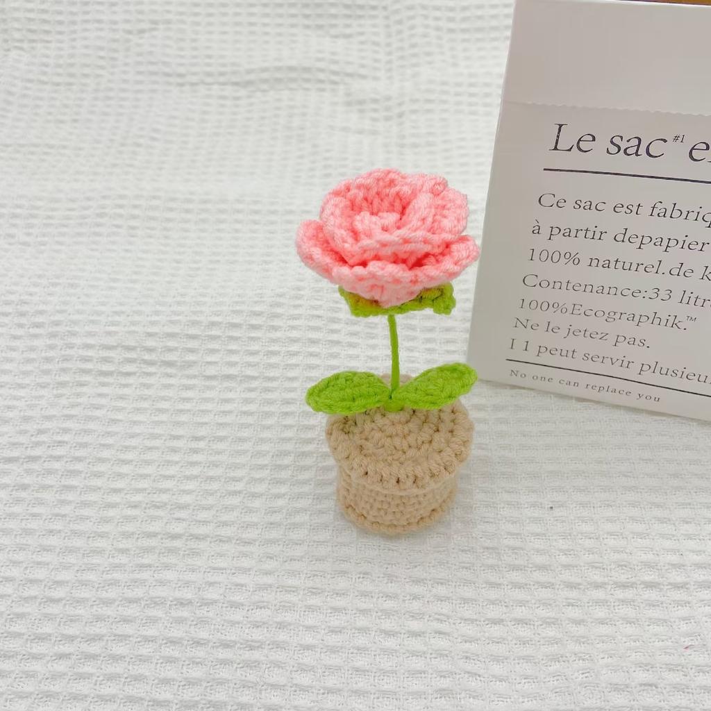 DIY Hand Woven Mini Potted Flowers Rose Crochet Hooks Homemade Tulips Office Ornaments Yarn Products