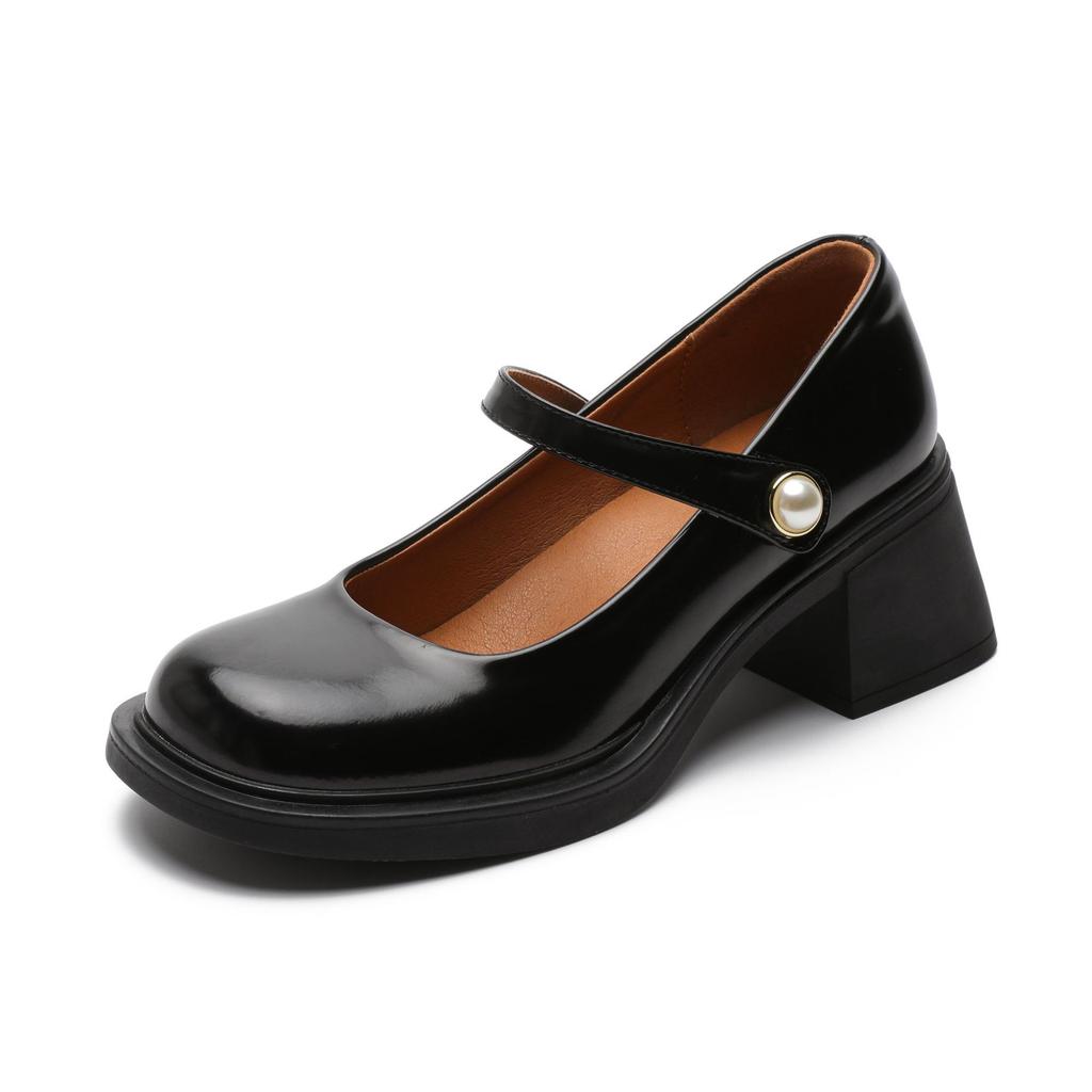Coarse heel Mary Jane shoes women's 2025 spring and autumn new high heel retro light mouth single shoes pearl versatile black work shoes