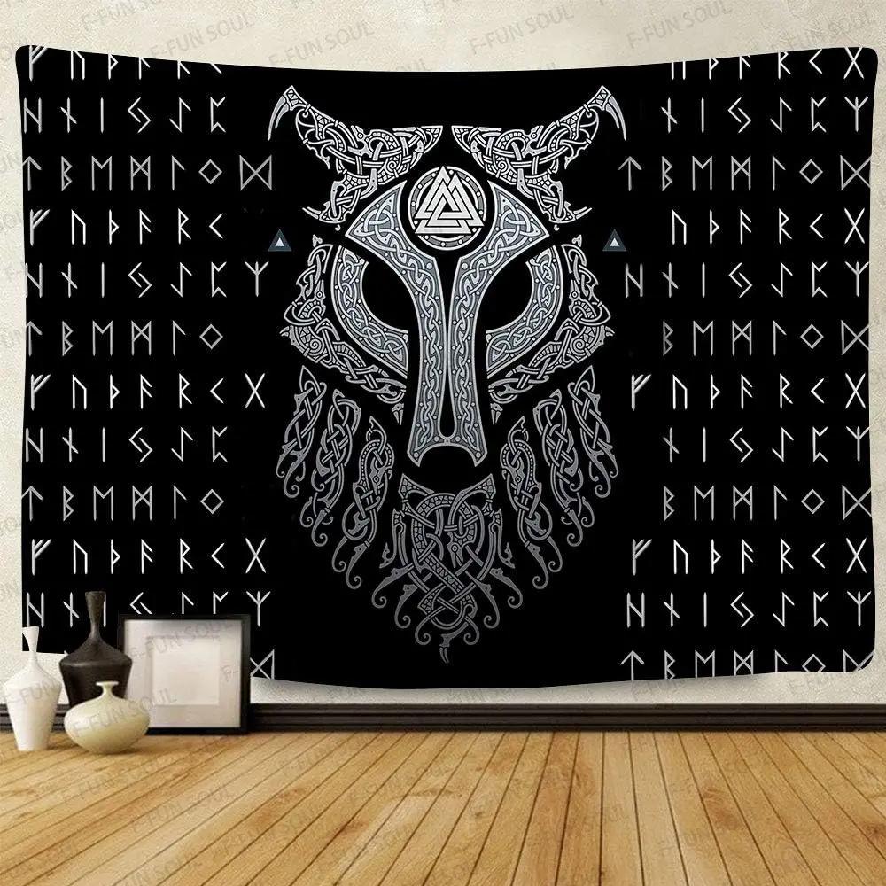 F-FUN SOUL Vikings Tapestry for Men Viking Wolf Tapestries Mysterious Meditation Psychedelic Runes Tapestry Wall Hanging