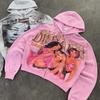 Unisex Streetwear Hooded Oversized Zip-Up Sweatshirt With Rhinestone Letter Print Loose Fit Hip Hop Style