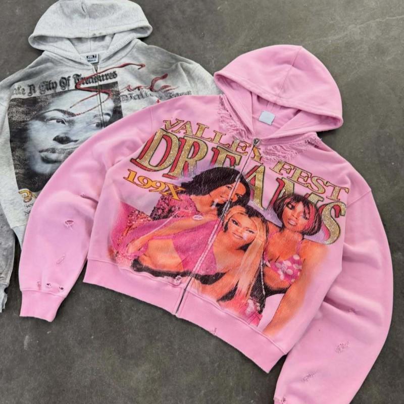 Unisex Streetwear Hooded Oversized Zip-Up Sweatshirt With Rhinestone Letter Print Loose Fit Hip Hop Style