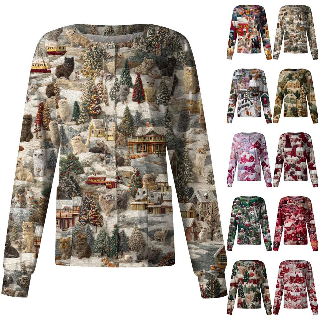 Women's Casual Long-Sleeved Single-Breasted Christmas-Themed Print Cardigan