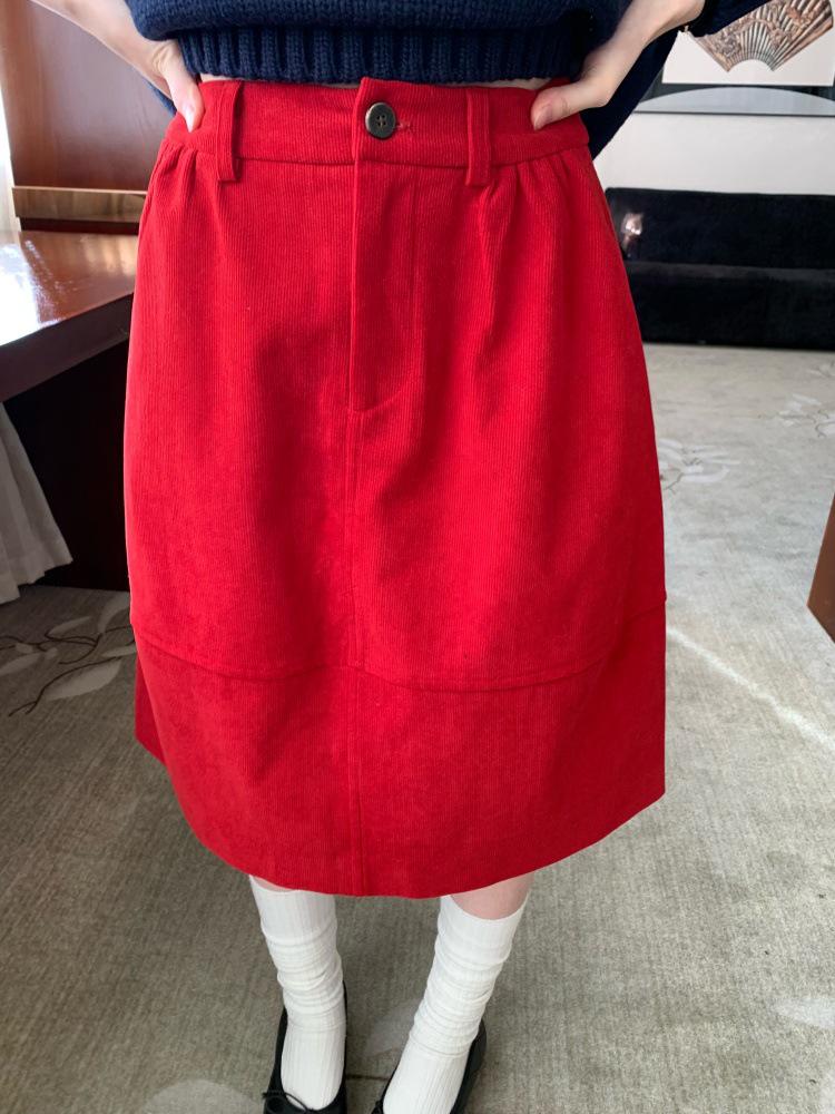 Available: Korean Chic Christmas Red High-Waisted Corduroy Midi Skirt for Women
