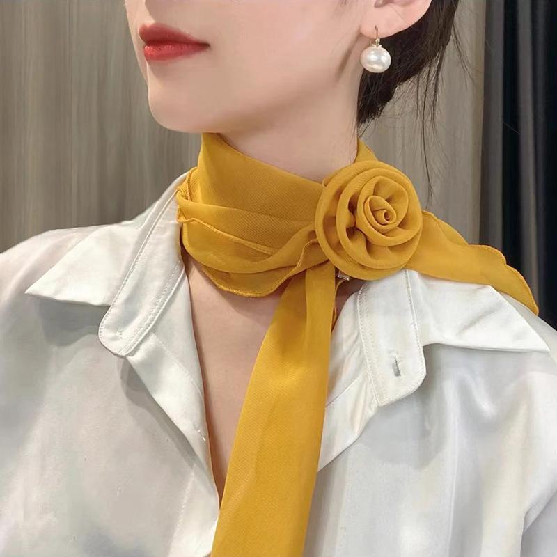 Rose Flower Silk Scarf Versatile Soft Neckerchief For Women Girls Temperament Long Ribbon Tie Scarf Office Clothes Gifts