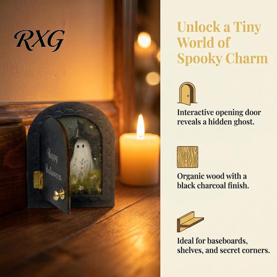 Decorative Halloween Fireplace Accent Cute Ghost Door Ornaments, Vintage Miniature Decoration, Retro Arched Tabletop Decor 3 Layer Openable