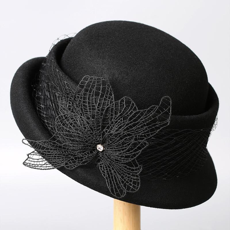 Wool beret women's autumn and winter new retro socialite crimped top hat French elegant mesh bow hat