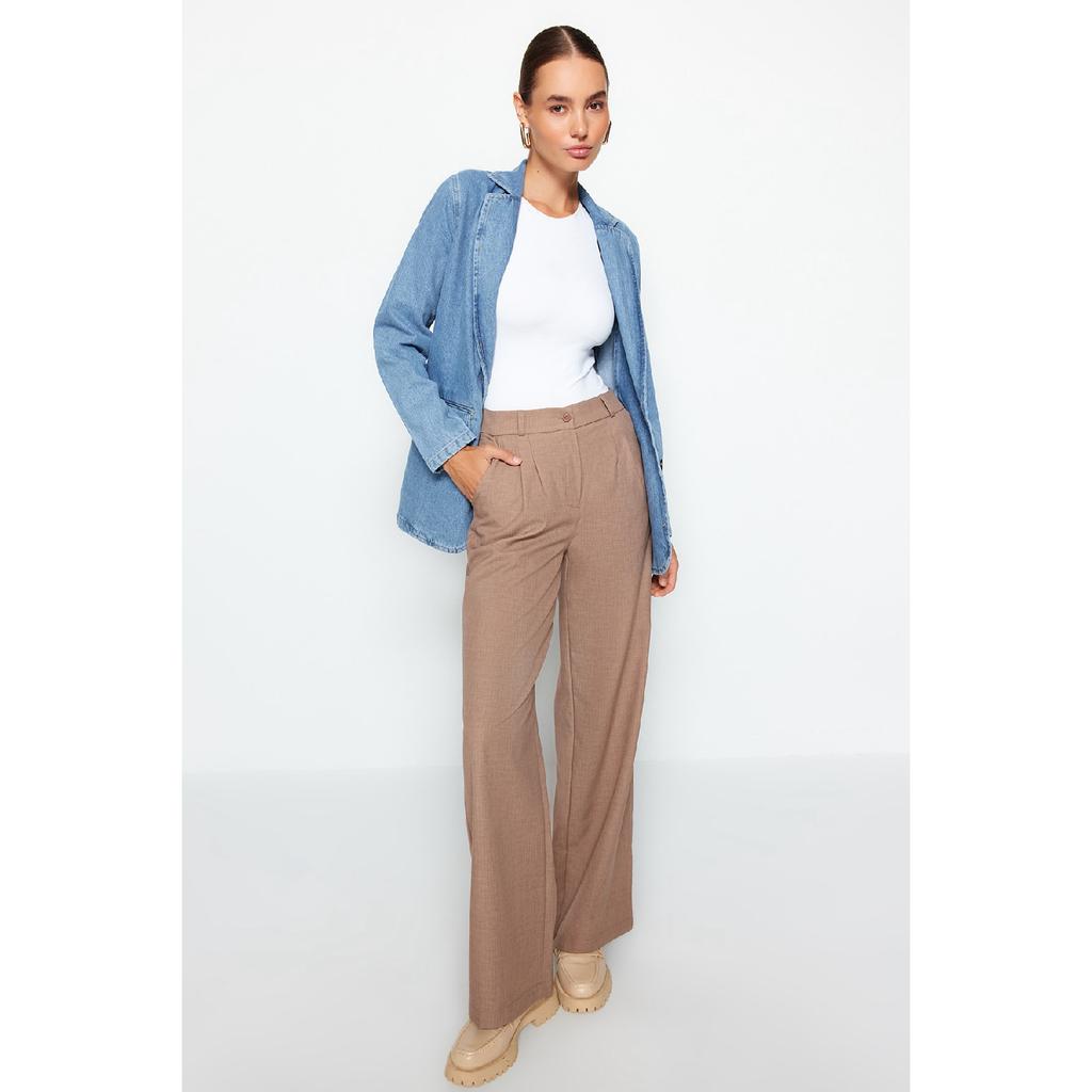Brown Wide Leg Pleated Woven Trousers Twoaw22pl0475