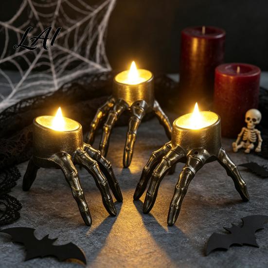 Spooky Home Decor Halloween Skeleton Hand Candle Light Gothic Creepy Skull Hands Fake LED Decorative Props for Festival Table Centerpiece Entryway,