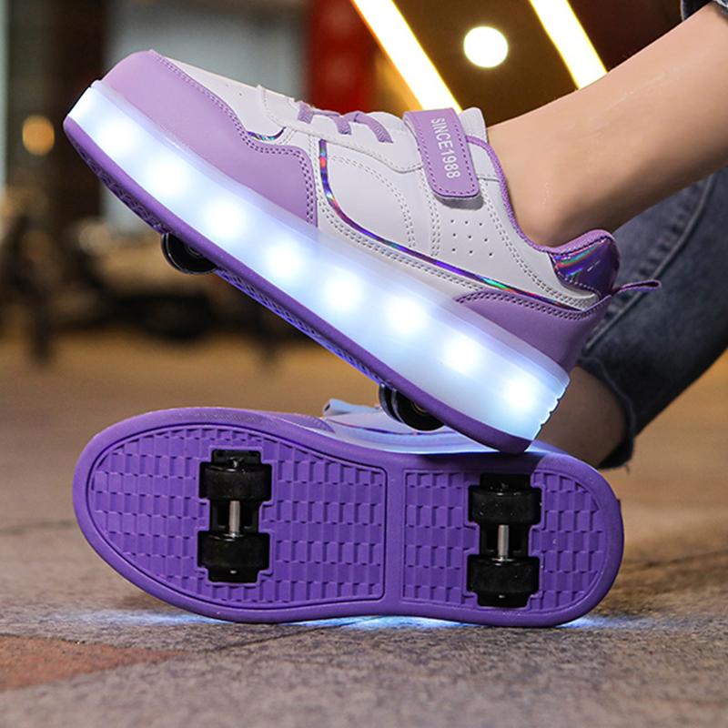29-38 Детские четырехколесные разборные спортивные туфли на плоской подошве, светодиодные блестящие детские светящиеся кроссовки