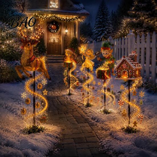 Decorative Light Stakes Solar Christmas Garden Stake Light, Cute Gingerbread House/Elf Boy/Bear Outdoor Waterproof Pathway Lighting for Yards