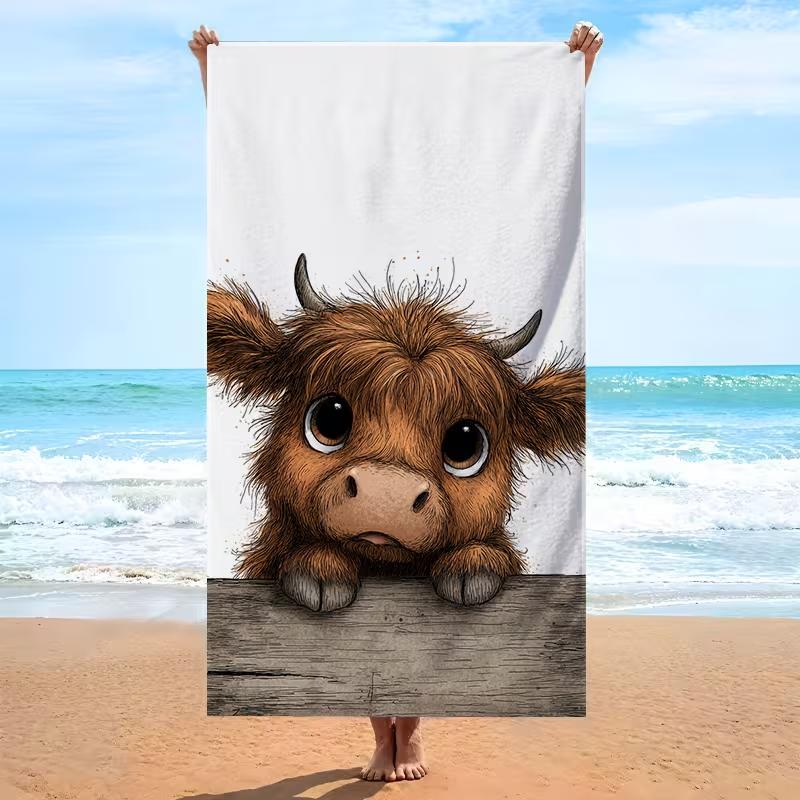 Cute Cartoon Highland Cow Print Summer Beach Towel Quick Dry Absorbent Sand Free Towel for Outdoor Travel