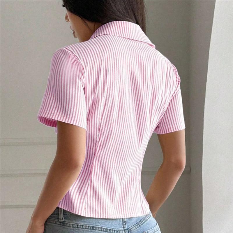 Женская полосатая рубашка с коротким рукавом на пуговицах, летняя, повседневная, уличный стиль Y2K, отложной воротник, приталенная, укороченные топы