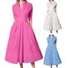 Women Solid Color Mid-rise Shirt Dress V-Neck Long Sleeve Belt Buttons Half Placket Pockets Loose Hem Midi Dress Workwear