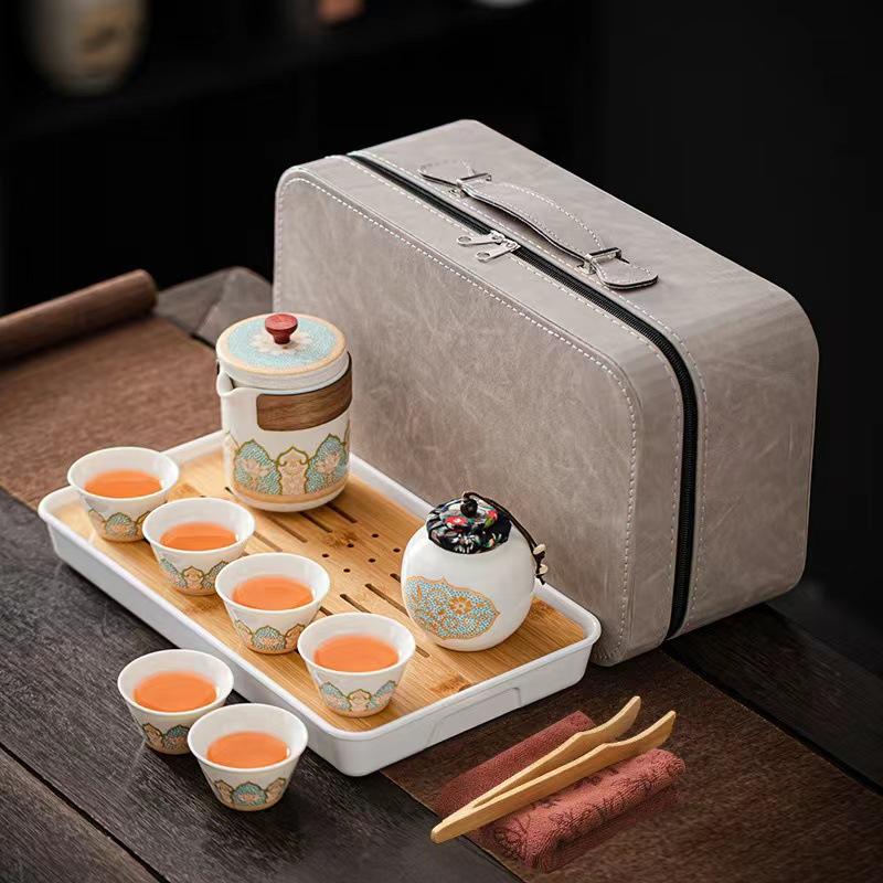 Outdoor Camping Travel Kung Fu Tea Set, Teapot, Ceramic Kuaike Teacup, Tea Tray, Portable Guochao Gifts