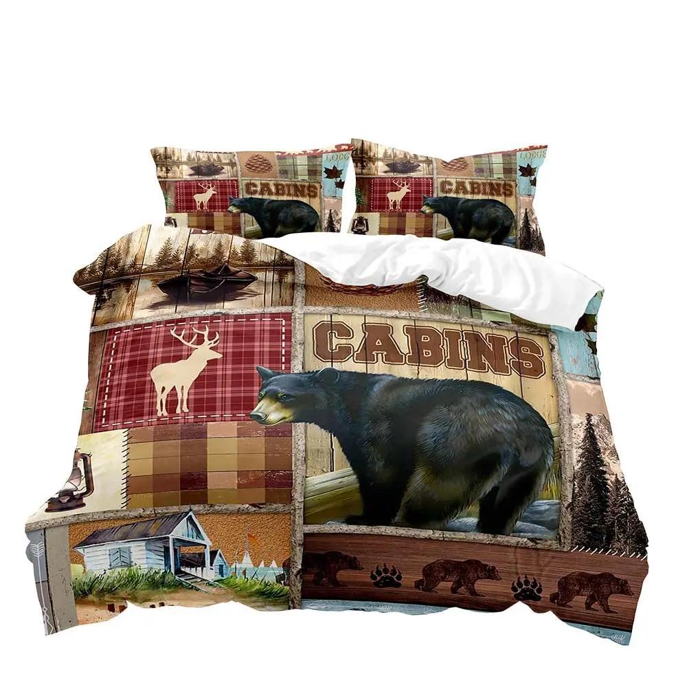 Набор постельного белья с пододеяльником Farmhouse Soft из мягкой ткани, Черный Медведь Олень Лось Лесные Животные Дикая Природа Коттедж Сельский Набор Постельного Белья King, Шалфейный Зеленый Коричневый Клетка