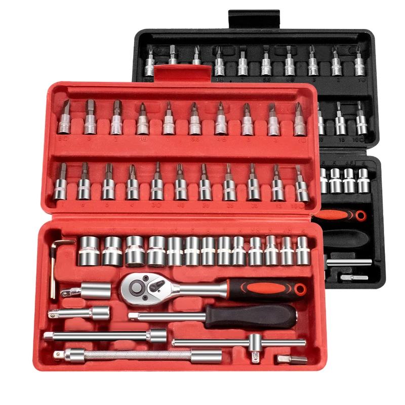46pcs Socket Wrench Set 1/4 Inch Drive Ratchet Car Repair Tool with Bit Socket Set for Auto Repairing & Household Repairs Tools