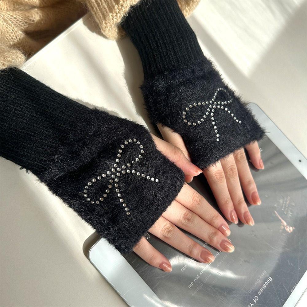 Hotfix Rhinestone Bow Gloves Plush Half Finger Mittens Soft Knitted Gloves  Outdoor