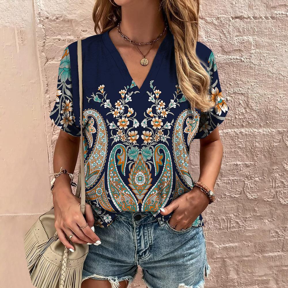 Новая женская футболка, летняя одежда с v-образным вырезом, этнический топ с короткими рукавами, повседневная уличная футболка в стиле Харадзюку для женщин, пуловер в стиле хип-хоп