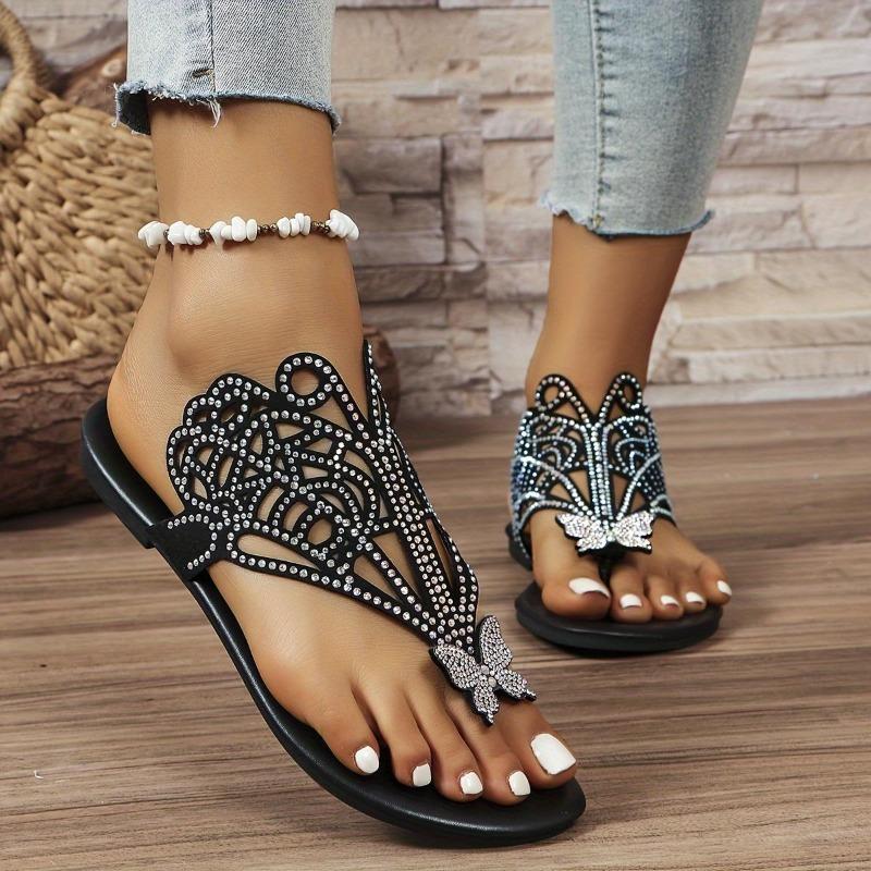 Женские шлепанцы со стразами и декором в виде бабочек, повседневные летние туфли на плоской подошве с зажимом на носке, легкие шлепанцы с полым дизайном